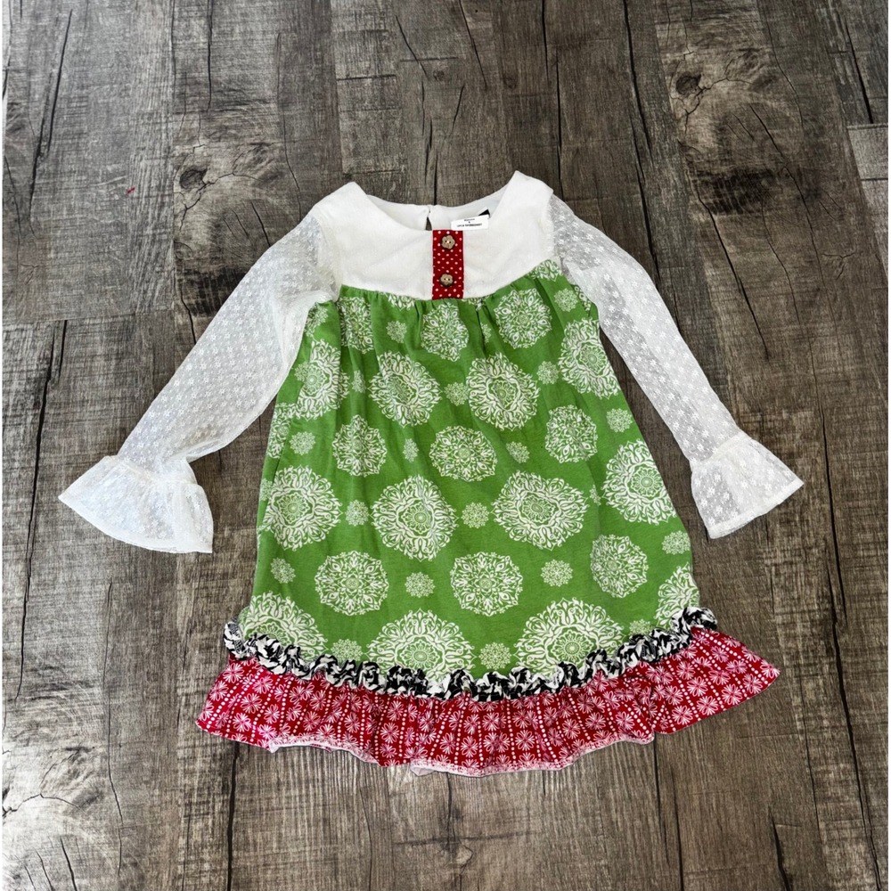 Counting Daisies Girls Green Red Christmas Holiday Mixed Media Lace Dress Size 6